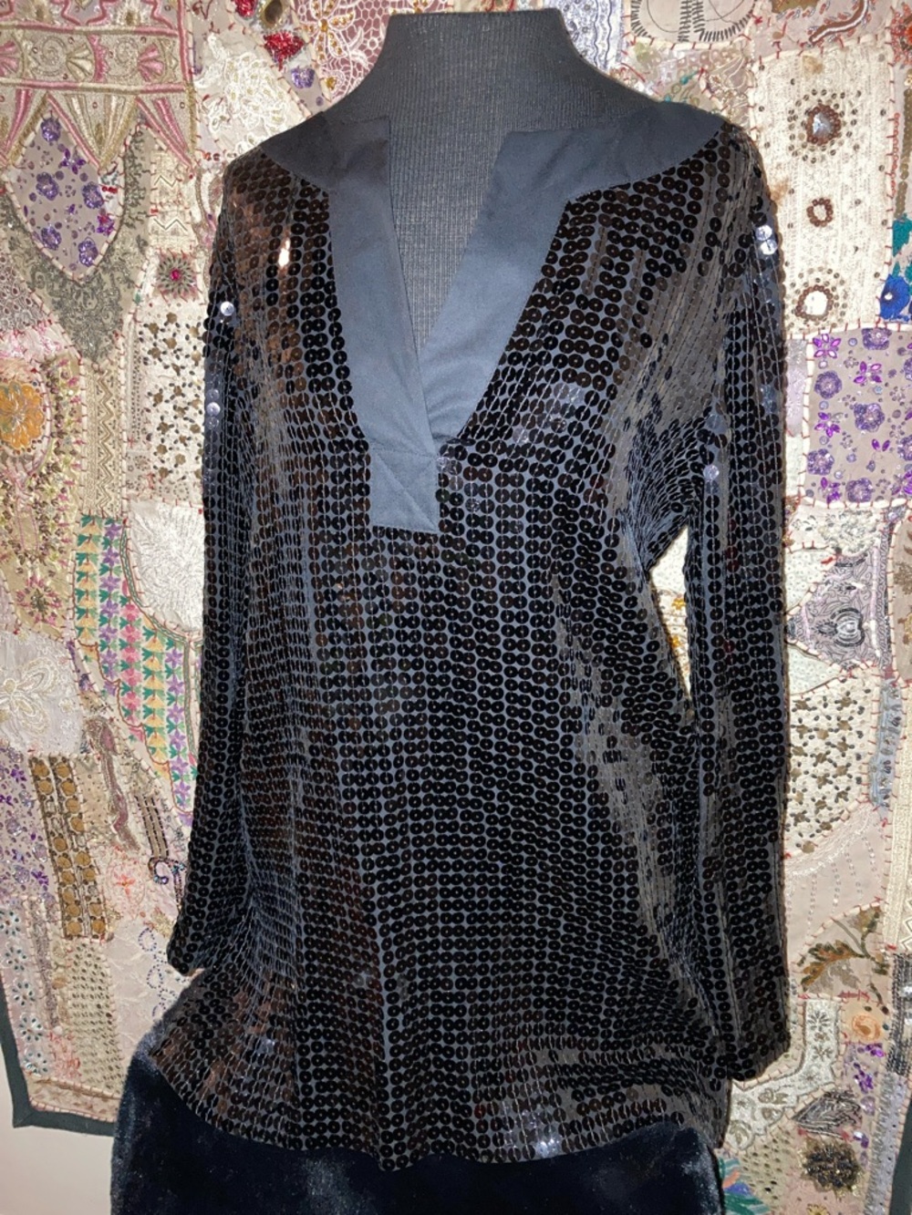 Michael Kors Black Sequin V-Neck Tunic Top